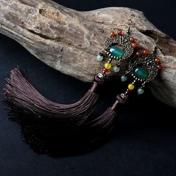 Etniskās bārkstis auskari sievietēm sen brūni pušķis kritums zaļā carnelian akmens krelles, bronzas āķis stilā vintage rotaslietas 2018