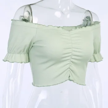 Sieviešu Sexy Pie Pleca Mežģīņu Kultūraugu Top Lady Gadījuma Kokvilnas Maisījums Zaļā Ribu Trikotāžas T Krekls Meitenēm Streetwear