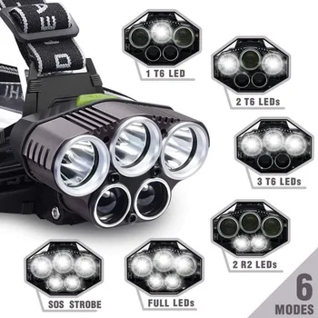 Jauns 5X T6 LED Lukturis Lādējams Galvas Gaismas Lukturīti 250000LM Lāpu, Lukturi Kempings Nakts Lukturis Brīvroku Lampas Piederumi