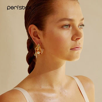 Peri'sBox Zelta Metāla Salocīts auskariem Stilīgs Savīti Ziedu Auskari Kniedes Lielas Baroka Pērle Paziņojumu Auskari Sievietēm
