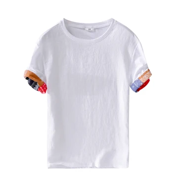 Lina un kokvilnas izšūšanas vasaras t krekls vīriešu zīmols, balts t-krekls vīriešiem apaļu kakla t krekli vīriešu t chemise camisa