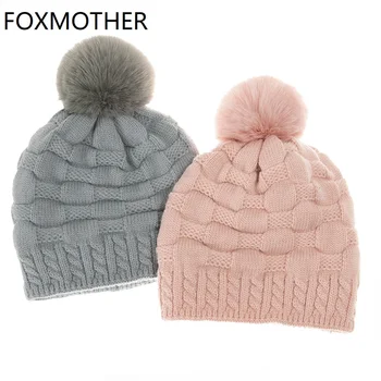 FOXMOTHER Jaunu Modes Melna Rozā Sabiezē Silts Pompom Pleds Adīta Cepure Beanies Skullies Sievietēm Bob Femme Ziemas Cepures 2020