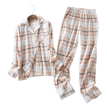 Plus lieluma matēts kokvilnas sieviešu pidžamas komplekti Pavasara gadījuma pleds garām piedurknēm sleepwear sieviešu pijamas