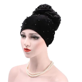 Musulmaņu Sievietes Stiept Samta Pērļu Ziedu Turban Cepures Chemo Beanie Cepures galvas apsējs Hijab Kroku Wrap Cover Vāciņu Matu Izkrišana Vēzis