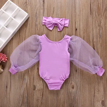 Vasaras Jaundzimušais Meitenes Bodysuits Infant Baby Meitenes Puff Piedurknēm Acs Cietā Romper Jumpsuit Galvu 2gab Tērpiem Apģērbu Komplekti