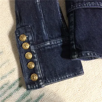 Sieviešu džinsa džinsi, jaka ar garām piedurknēm dubultā krūtīm zelta krāsas pogas slim žaketes outerswear jaunu 2019. gada pavasara zila