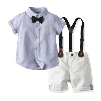Top un Top Cute Baby Zēnu Kokvilnas Apģērbu Zīdaiņiem Apģērbs Striped Set Atloks, Krekls, Bikses Džentlmenis Uzvalks Dzimšanas Dienas Tērpi