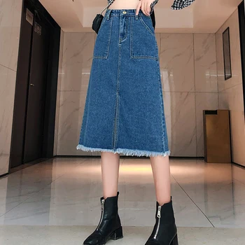 Džinsa Svārki Kabatas Taisni Svārki Priekšā-Split Vintage Gadījuma Sievietes Zilā Krāsā Ar Augstu Vidukli, Plus-Size Streetwear Jean Svārki