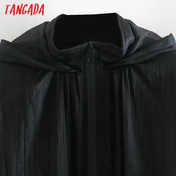 Tangada Sieviešu Regulējams Savelces Organza Hoodies sporta Krekls Melns Vintage Kabatas Sieviešu Virsdrēbes Šiks Topi CE87