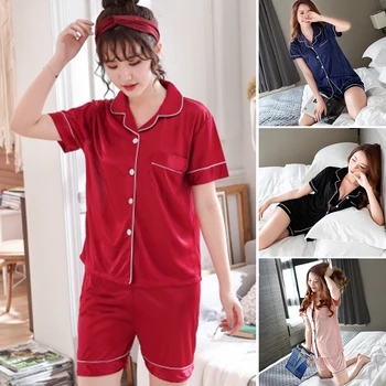 Sieviešu Pogu Īsām Piedurknēm T-krekls Top Elastīgās Bikses Vaļīgas Sleepwear Pidžamas Komplekts