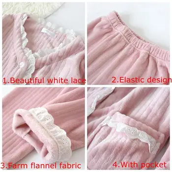 Jauno Modes Siltas Flaneļa Pidžamas Komplekts Sievietēm Ziemā, Rudenī, Pidžamas Sleepwear Mežģīnes, Rozā Pidžamā Biezs Silts Sleepwear