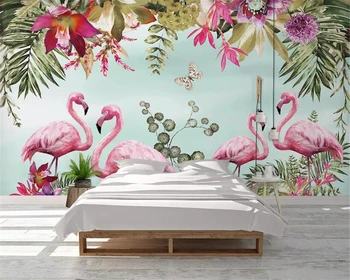 Beibehang Pielāgotus Foto Tapetes, Sienas Puses Krāsotas Tropu banānu lapu flamingo ziedi papel de parede tapetes, mājas dekoru