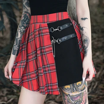 Gotu, Punk Svārki Sievietēm Sarkanā Pleds Kroku Bumbu Tērpu Augsto Vidukli Raibs Mini Svārki Modes Streetwear Sprādzes Sieviešu Goth Svārki