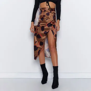 Modes Sievietes Vasaras Boho Augsta Vidukļa Pārsējs, Leoparda Drukas Wrap Šifona Satīna Priekšgala Sexy Savirmot Sieviešu Sadalīt Midi Svārki#g3