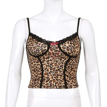 Rockmore Leopards Drukāt bez Piedurknēm Tvertnes Augšpusē Sieviešu Spageti Siksnas Camis Y2K 90s Vasaras Sexy Backless Crop Topi, t-veida, Modes