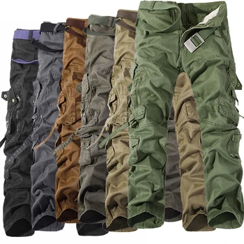 Vīriešu ikdienas kokvilnas bikses (dungriņi) elastīgs viduklis pilna len multi-pocket plus mēslojuma XL, vīriešu apģērbi lielo izmēru kravas bikses
