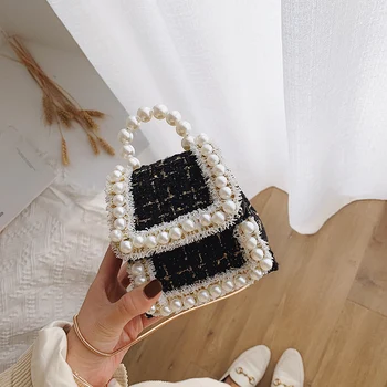 Elegants Sieviešu Mini Pērle Tote soma 2019 Ziemas Modes Jaunas Kvalitātes Vilnas Sieviešu Dizainers Rokassomu Ķēdes Plecu Messenger somas