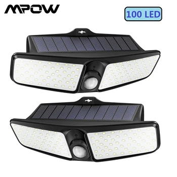 2 Pack Mpow 100 LED Saules Gaismas, Āra Modernizētas PIR Detektīvs Sistēma, Bezvadu Sienas lampas ar IP65 Waterproof Dārza Lampas