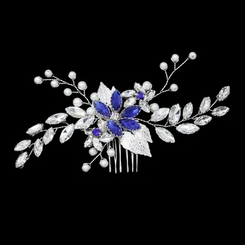 Sieviešu matu rotas luksusa sudraba krāsā un zilā kristāla kāzu matu ķemme lapu kāzu galvassegu rhinestone līgavas matu vīnogulāju
