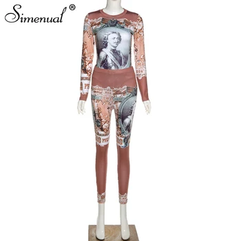 Simenual Bodycon Bodysuit Un Legingiem Divas Gabals Komplekti Sievietes Estētisko Drukāt garām Piedurknēm Sportisks Gadījuma Modes Rudenī Tērpiem