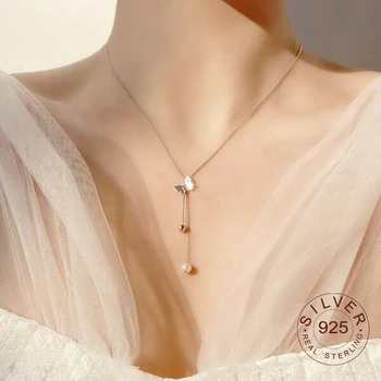 Moderns 925 Sterling Sudraba regulējams Cirkonija tauriņš pērle pušķis Kaklarota Sievietēm Dāvanu krelles sānslīdi kaklasaite Kāzu Rotaslietas