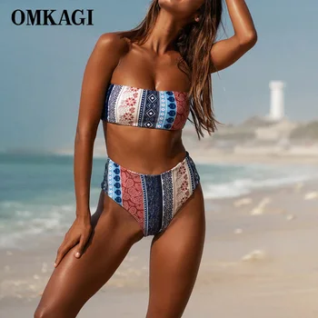 OMKAGI Bikini 2019 Mujer Push Up Svītrainām Augsta Vidukļa Bikini Peldkostīmu peldkostīms Beachwear Wirefree Bikini Komplekts Peldkostīmi Sievietēm