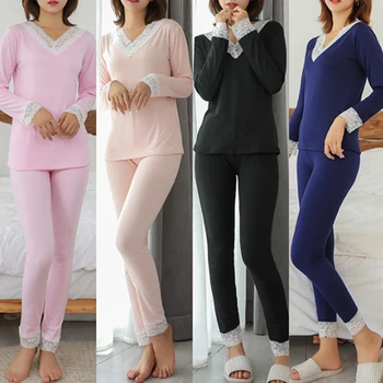 Rudens Dāmas Cieta Pidžamas Komplekts Sexy Mežģīņu Raibs V Kakla Siltuma Topi Gadījuma Bikses Sieviešu Modes Siltas Pidžamas Sleepwear
