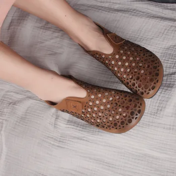 Careaymade-Oriģinālā retro roku darbs, pilna ādas caurumu sandales sieviešu vasaras tukšums, Baotou dzīvoklis ādas kurpes sieviešu kurpes