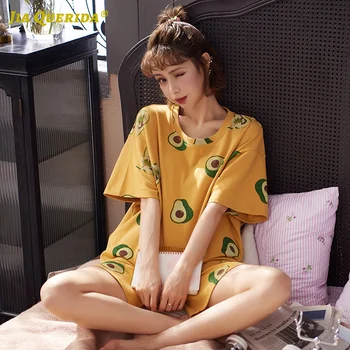 Jaunās Apkalpes Kakla Avokado Drukāšanas Ikdienas Stila Homesuit Homeclothes Modes Stila Īsām Piedurknēm Īsās Bikses Yellow Top Pidžamas Komplekts