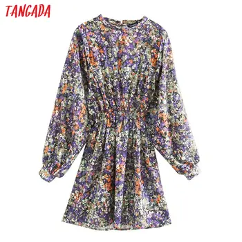 Tangada modes sieviešu retro purpursarkani ziedi drukas kleita bat garām piedurknēm dāmas stiept vidukļa mini Kleita Vestidos 5Z112