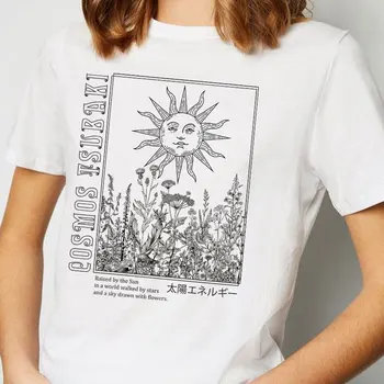 Saule Augi Drukāt Vintage Boho Stils Šiks T Krekls Sieviešu Retro Kokvilnas ar Īsām Piedurknēm T-krekls Dāmas Top Sieviete Grafikas Tees