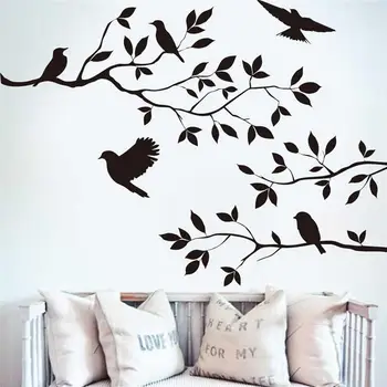 Bezmaksas piegāde melnā koka zaru sienas uzlīmes, sienas uzlīmes, putnu vai mājas dekoru, sienas mākslas dekori