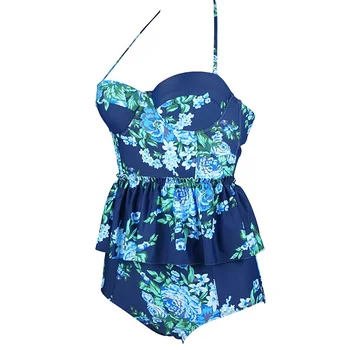 Sieviešu Peldkostīmi Retro Antigva Ziedu Peplum Push up peldkostīmu Augsta Vidukļa Bikini Komplekts Elegants Peldkostīms
