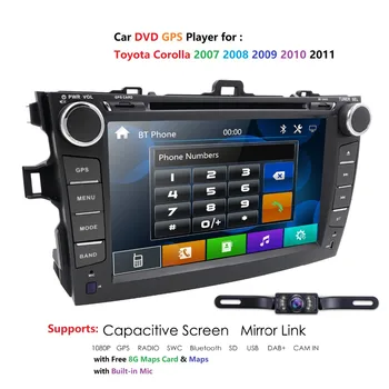 Toyota Corolla 2007. - 2011. gadam 2 DIN auto DVD atskaņotājs ar GPS Radio stereo SWC kapacitīvais ekrāns Audio, USB multivides navigācijas BT