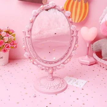 Rozā Cirsts Kawaii Aplauzums Spogulis DIY Pērle tualetes galdiņš Dekoratīvie Spoguļi Istabas Interjeru Tualetes Spoguļa Plastmasas Sirds formas