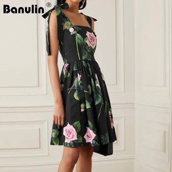 Banulin 2020. gadam, Modes Skrejceļa Eleganta Vasaras Kleita Sieviešu Loku Spageti Siksna Melnā Vintage Ziedu Drukāt Kokvilnas Īso Kleitu