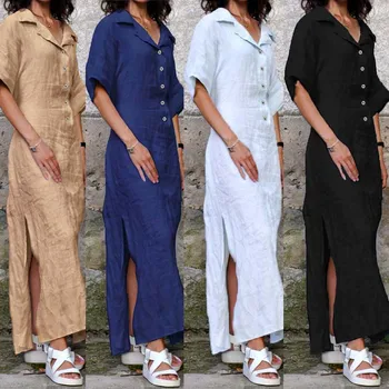 ZANZEA ir 2021. Elegants Pusē Sadalīt Maxi Kleita Sieviešu Sundress Modes Gadījuma Pogu Krekls Vestido Sieviešu Atloks Puse Drēbes Plus Izmēra