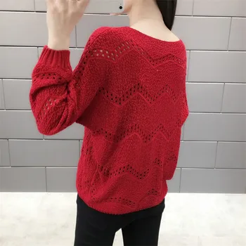 Sieviešu džemperis gadījuma adīšanas korejas džemperis ar V-veida kakla garām piedurknēm zemāko dobi džemperis modes elegants tīru krāsu Chandail