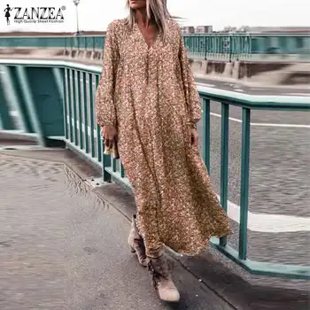 Ir 2021. ZANZEA Ziedu Maxi Kleita Vintage Sieviešu Rudens Sundress Gadījuma garām Piedurknēm Drukāts Vestidos Sieviešu Baggy Drēbes Plus Izmēra