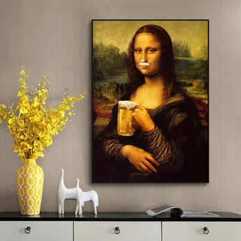 Mānīšanās jautri Mona Lisa dzert alu Kanvas Glezna Plakāti un Drukas Quadro Sienas Mākslas Aina Dzīvojamā Istaba Cuadros Mājas Dekoru