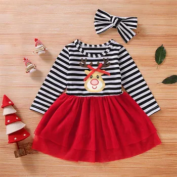Pudcoco Toddler Baby Girl Apģērbu Ziemassvētku Drukāt Svītrainām garām Piedurknēm Raibs Tilla Princešu Kleita, Galvas 2gab Tērpiem Komplekts