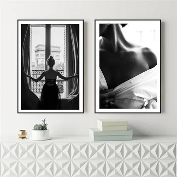 Mājas Dekori Melnā un Baltā Seksīga Meitene Logu Ziemeļvalstu Kanvas Glezna Modes Skaista Sieviete Plakāti Sienas Art Pictures Dzīvojamā Istaba