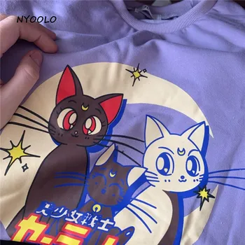 NYOOLO Rudens streetwear garām piedurknēm apkakli plānas sporta Krekls sievietēm, topi Harajuku karikatūra Sailor Moon cat burtiem drukāt hoodies