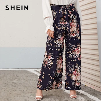 SHEIN Plus Lieluma Multicolor Paperbag Vidukļa Ziedu Drukāt Plaša Kāju Bikses Sieviešu Rudens Pavasara Boho Siksnas Ilgi Brīvs Bikses
