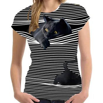Visā Print 3d tshirt Funny Kaķis ar Īsām Piedurknēm tshirts Svītrains T-Krekls Sievietēm Basic Classic t krekls Gadījuma Apaļā Apkakle Vasaras