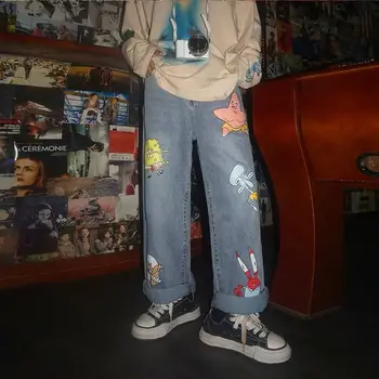 Karikatūra Džinsi Vīriešu Gudrs Hip Hop Bikses Modes Loose Rock Džinsi Harajuku Vasaras Lielās Ielas Gadījuma Smieklīgi Elsas Streetwear Vīriešiem