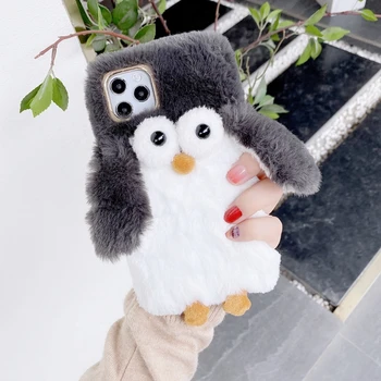 Gudrs Pingvīns Formas Kažokādas Plīša Tālrunis Lietā par iPhone 12 Mini XS Max XR X 11 Pro Max Siltu Segumu iPhone 7 8 Plus SE 