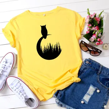 Sieviešu Krekli Plus Izmērs S-5XL Mēness Pūce Print T-krekls Sievietēm Kokvilnas ar Īsām Piedurknēm Vasaras t-veida Topi Gadījuma Melna Balta Grafiskais Tshirt
