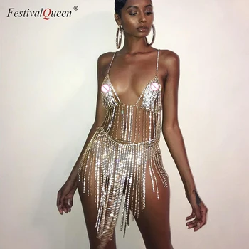 FestivalQueen sexy luksusa rhinestone metāla ķēdes svārki un dziļš v kultūraugu top zelts, sudrabs backless naktsklubs, 2 gabali sievietēm komplekti
