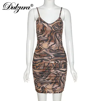 Dulzura ruched tiger dzīvnieku print sieviešu mini kleita siksna bodycon backless sexy streetwear puse 2020. gada vasaras drēbes kluba slim